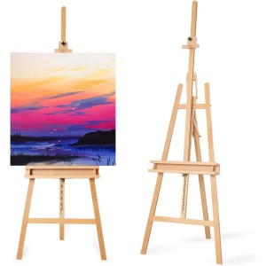 Denzoer Large A-Frame Basic Studio Easel - Adjustable Solid Beech Wood Artist Easel with Brush Storage Tray, Floor Wooden Easel Stand for Painting Canvas, Natural