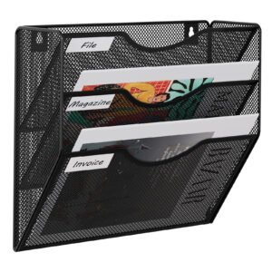 EasyPAG Metal 3 Tier A4 Wall Mounted Document Holder,Hanging Wall File Organiser,Pigeon Holes Storage,Wall Pocket,Filing Tray,Magazine Rack for Office & Home,Black