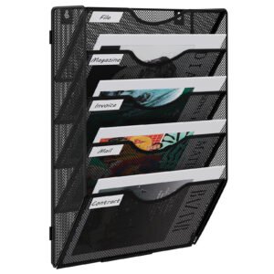 EasyPAG 5 Tier A4 Mesh in Tray Assemble Wall Pocket File Holder Hanging Mail Organiser Magazine Storage Rack,Black