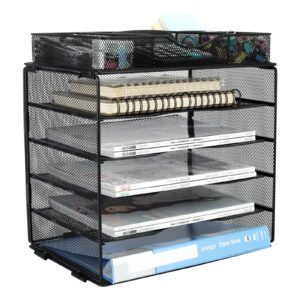 EasyPAG 5 Tier Metal Mesh A4 Desk Tray,File Holder,Paper Organiser,Magazine Storage,Filing Rack for Office & Home Desktop Tidy with Drawer,Black