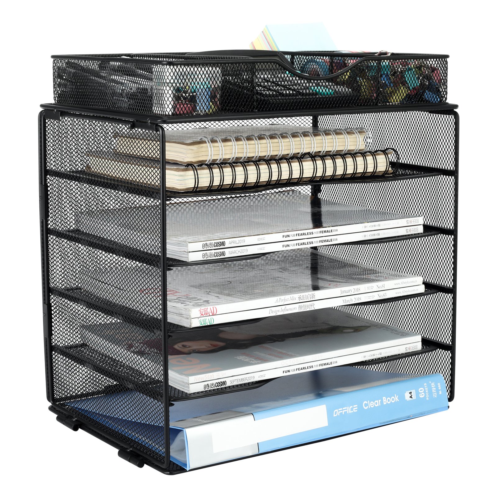 EasyPAG 5 Tier Metal Mesh A4 Desk Tray,File Holder,Paper Organiser,Magazine Storage,Filing Rack for Office & Home Desktop Tidy with Drawer,Black