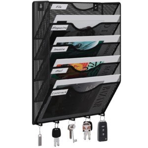 EasyPAG Metal 5 Tier A4 Wall Mounted Document Holder,Hanging Wall File Organiser,Pigeon Holes Storage,Filing Tray,Wall Pocket,Magazine Rack with 5 Hooks for Office & Home,Black