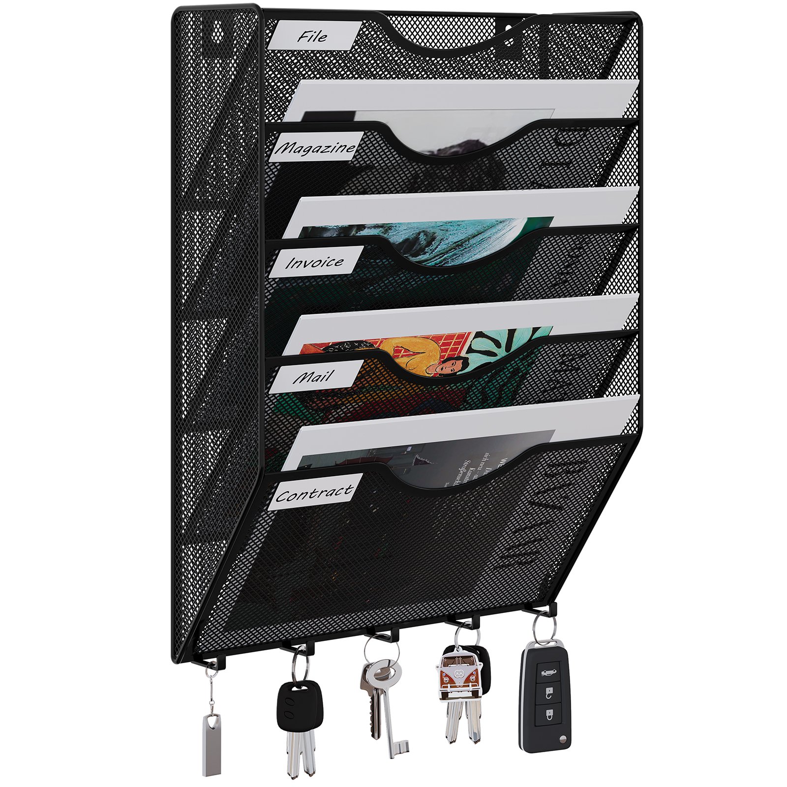 EasyPAG Metal 5 Tier A4 Wall Mounted Document Holder,Hanging Wall File Organiser,Pigeon Holes Storage,Filing Tray,Wall Pocket,Magazine Rack with 5 Hooks for Office & Home,Black