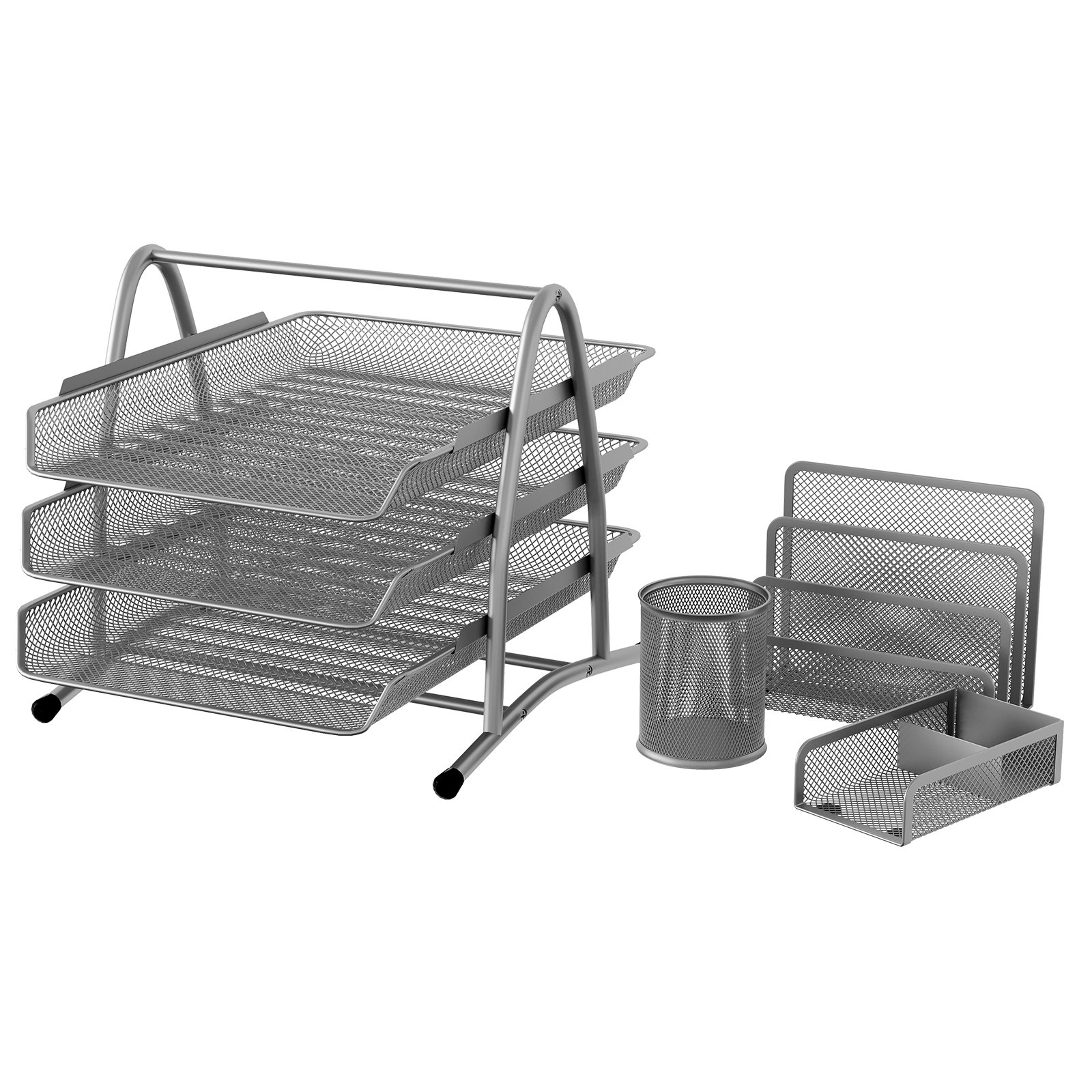 EasyPAG Office Desk Tidy 4 Piece Organiser Set - 3 Tier A4 Filing Tray,Pen Pot,Sticky Note Holder,Letter Sorter Rack,Silver - 图片 3