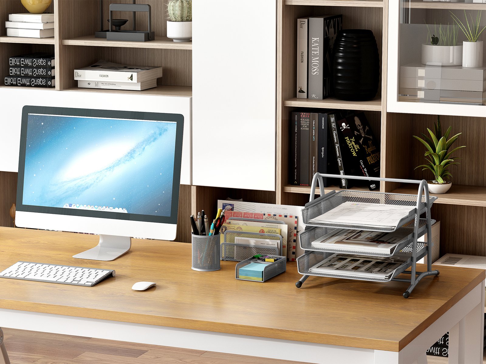 EasyPAG Office Desk Tidy 4 Piece Organiser Set - 3 Tier A4 Filing Tray,Pen Pot,Sticky Note Holder,Letter Sorter Rack,Silver - 图片 4