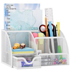 EasyPAG Office Mesh Desk Tidy Versatile Stationery Storage Desktop Organiser Pen Holder with Drawer,White