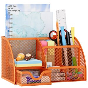 EasyPAG Office Mesh Desk Tidy Versatile Stationery Storage Desktop Organiser Pen Holder with Drawer,Orange