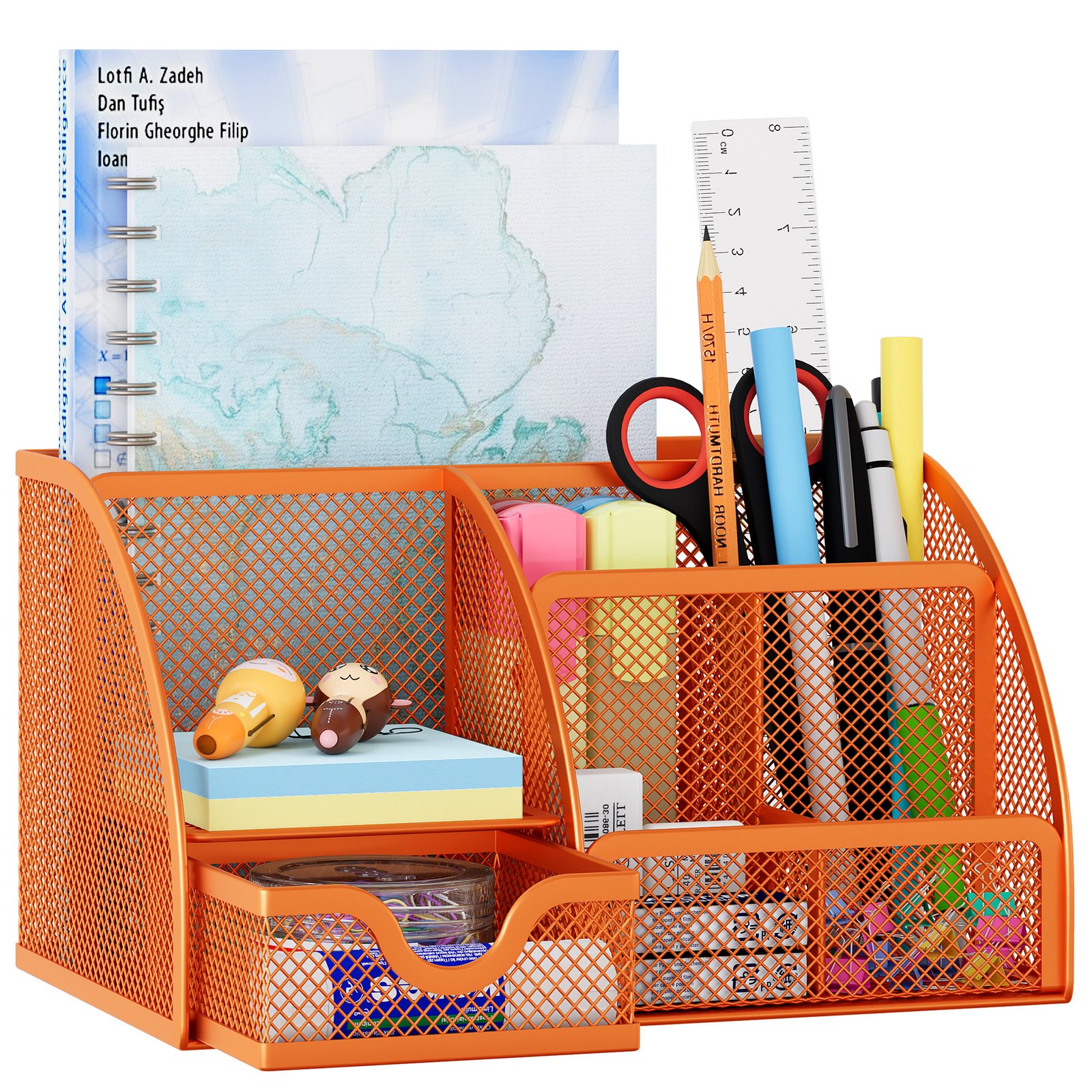 EasyPAG Office Mesh Desk Tidy Versatile Stationery Storage Desktop Organiser Pen Holder with Drawer,Orange