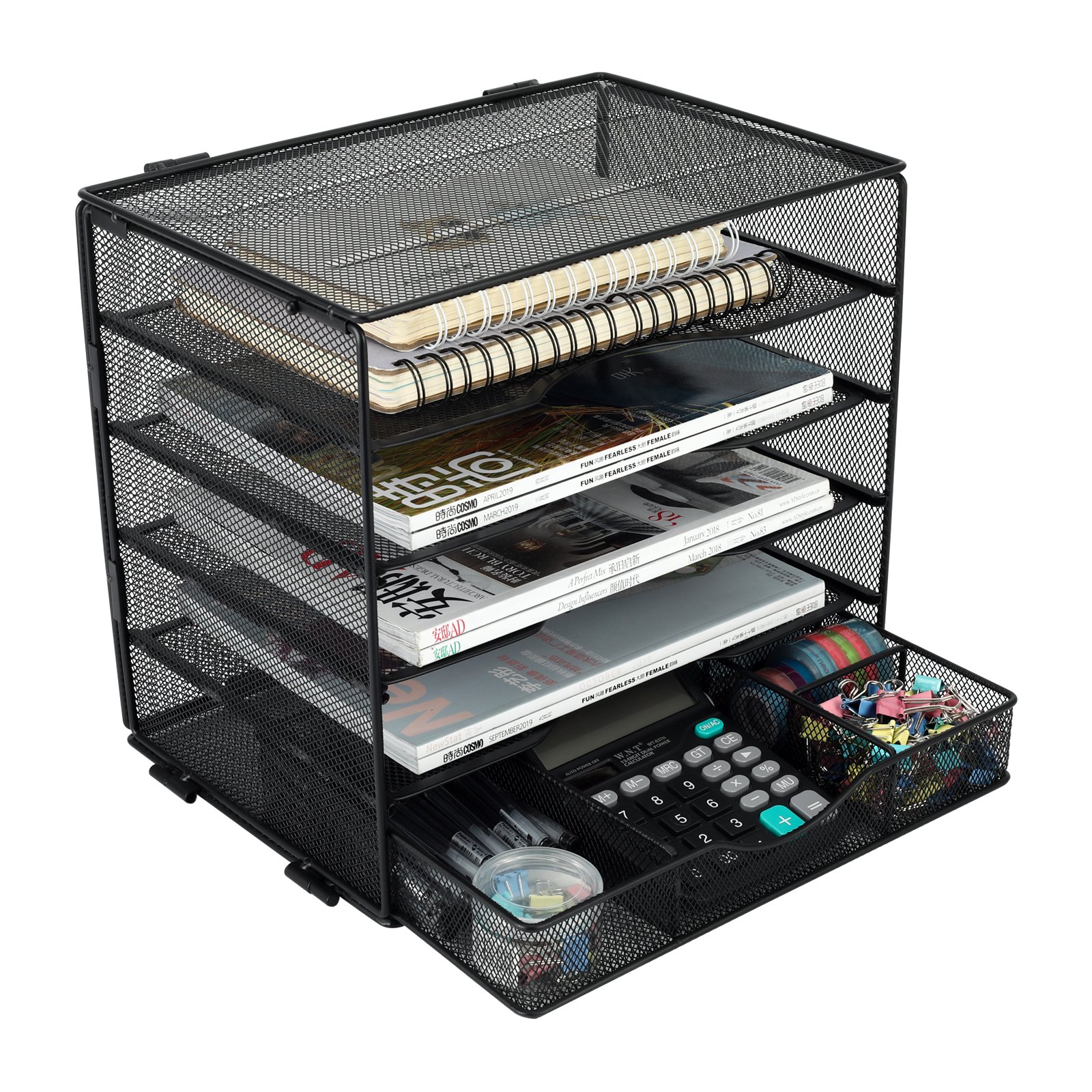 EasyPAG 5 Tier Metal Mesh A4 Desk Tray,File Holder,Paper Organiser,Magazine Storage,Filing Rack for Office & Home Desktop Tidy with Drawer,Black - 图片 5