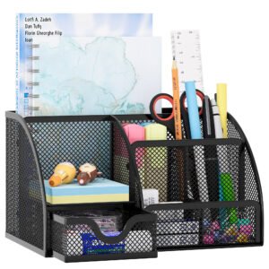 EasyPAG Office Mesh Desk Tidy Versatile Stationery Storage Desktop Organiser Pen Holder with Drawer,Black