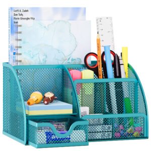 EasyPAG Office Mesh Desk Tidy Versatile Stationery Storage Desktop Organiser Pen Holder with Drawer,Turquoise