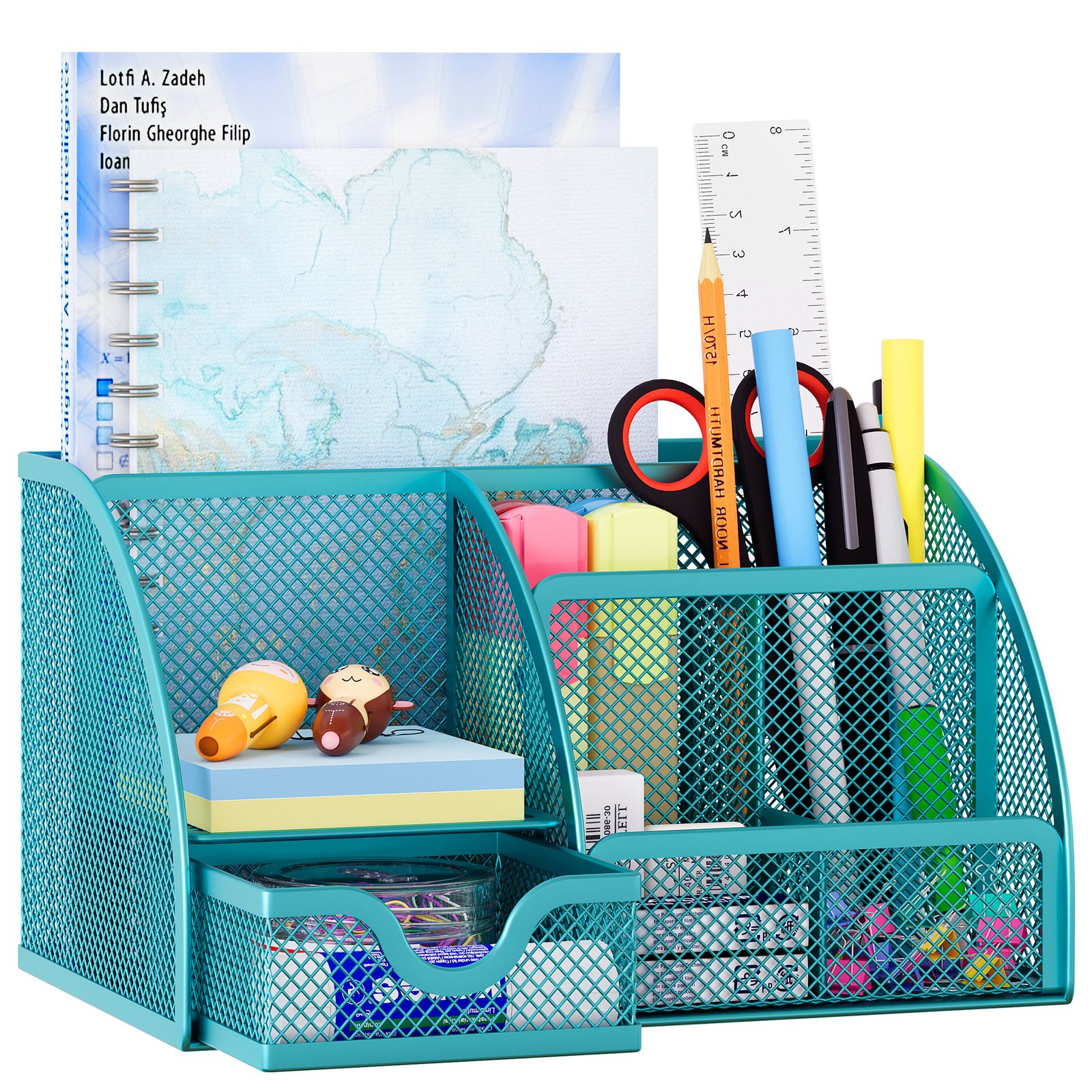 EasyPAG Office Mesh Desk Tidy Versatile Stationery Storage Desktop Organiser Pen Holder with Drawer,Turquoise
