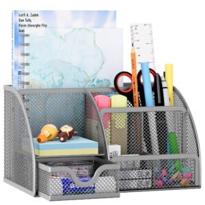 EasyPAG Office Mesh Desk Tidy Versatile Stationery Storage Desktop Organiser Pen Holder with Drawer,Silver