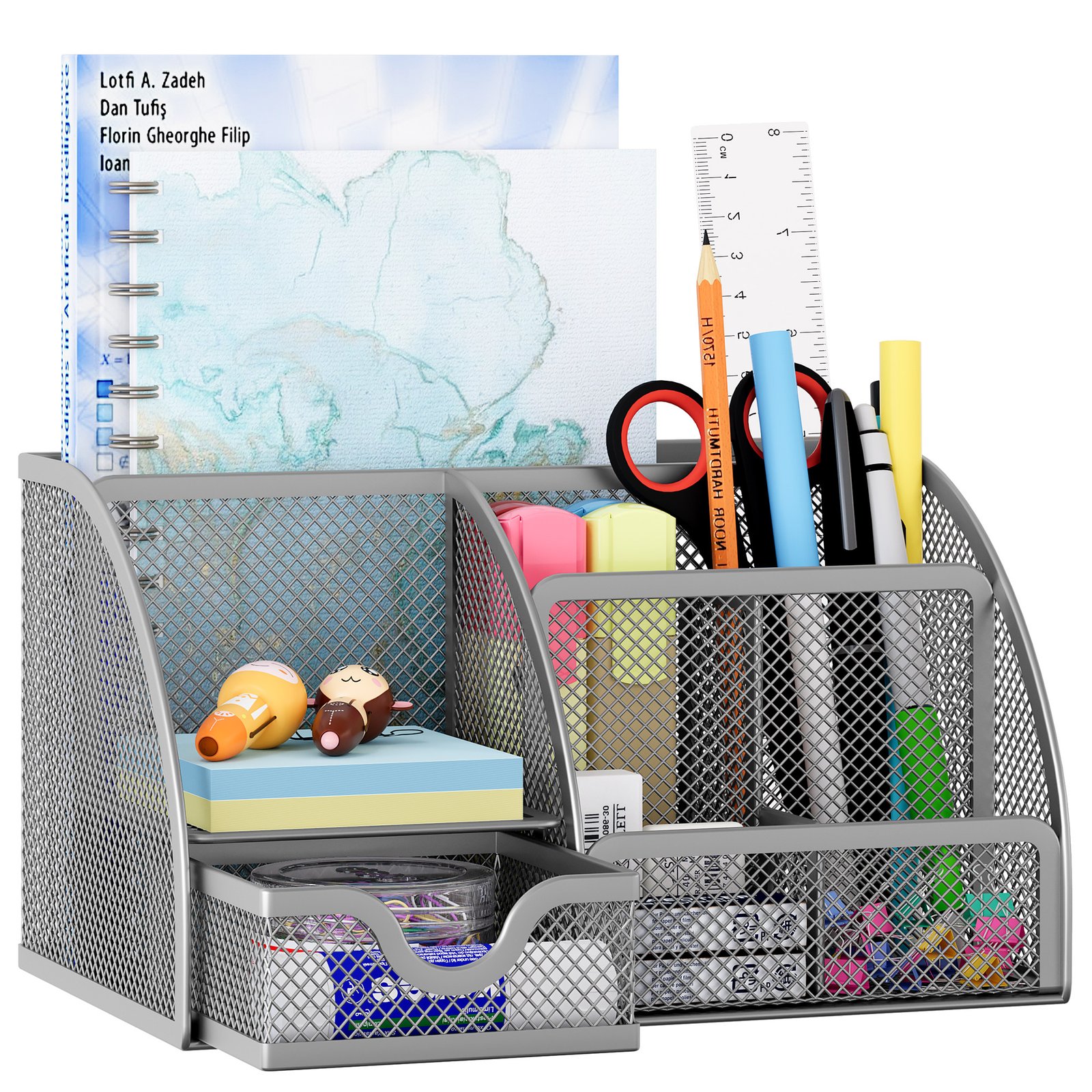 EasyPAG Office Mesh Desk Tidy Versatile Stationery Storage Desktop Organiser Pen Holder with Drawer,Silver