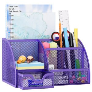 EasyPAG Office Mesh Desk Tidy Versatile Stationery Storage Desktop Organiser Pen Holder with Drawer,Purple