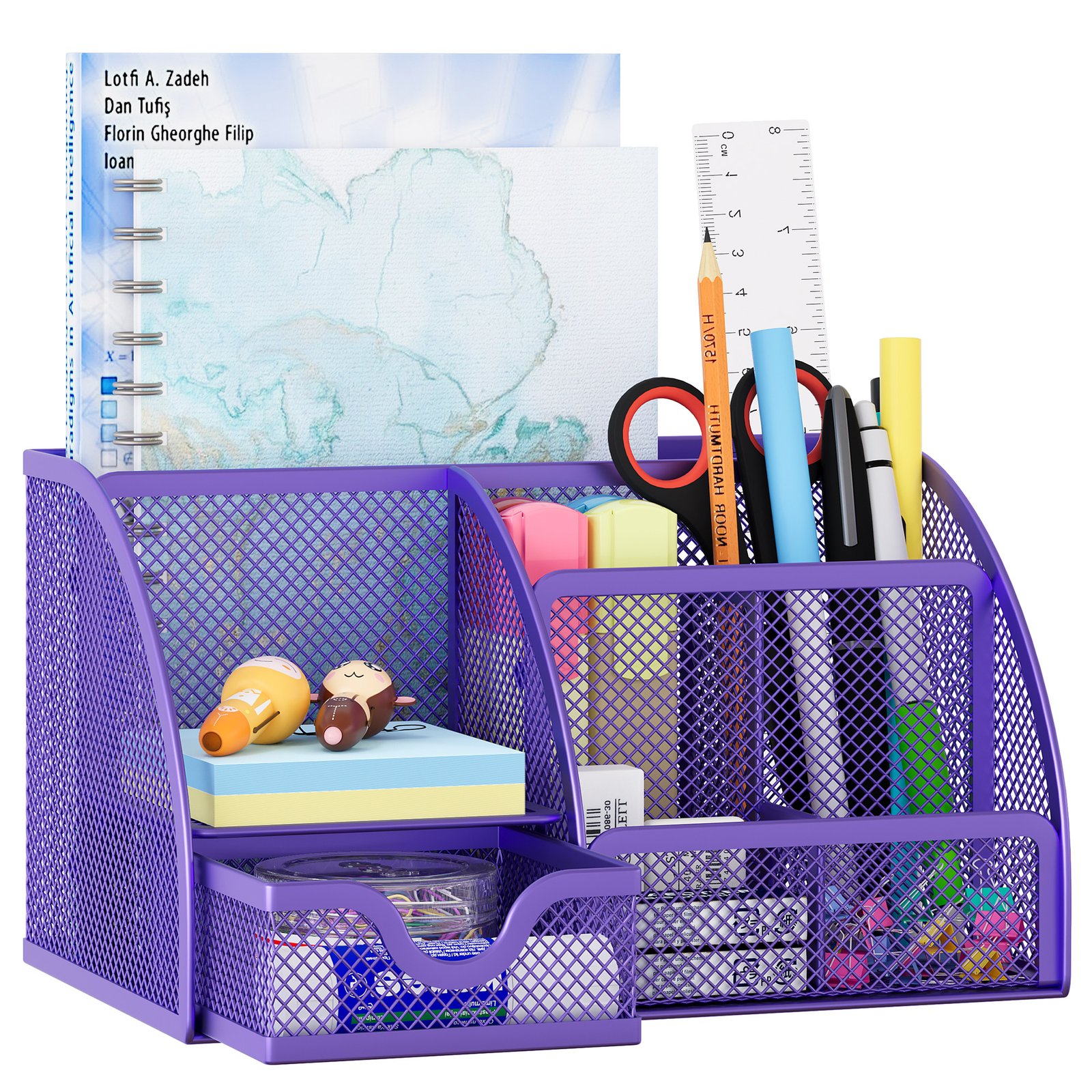 EasyPAG Office Mesh Desk Tidy Versatile Stationery Storage Desktop Organiser Pen Holder with Drawer,Purple