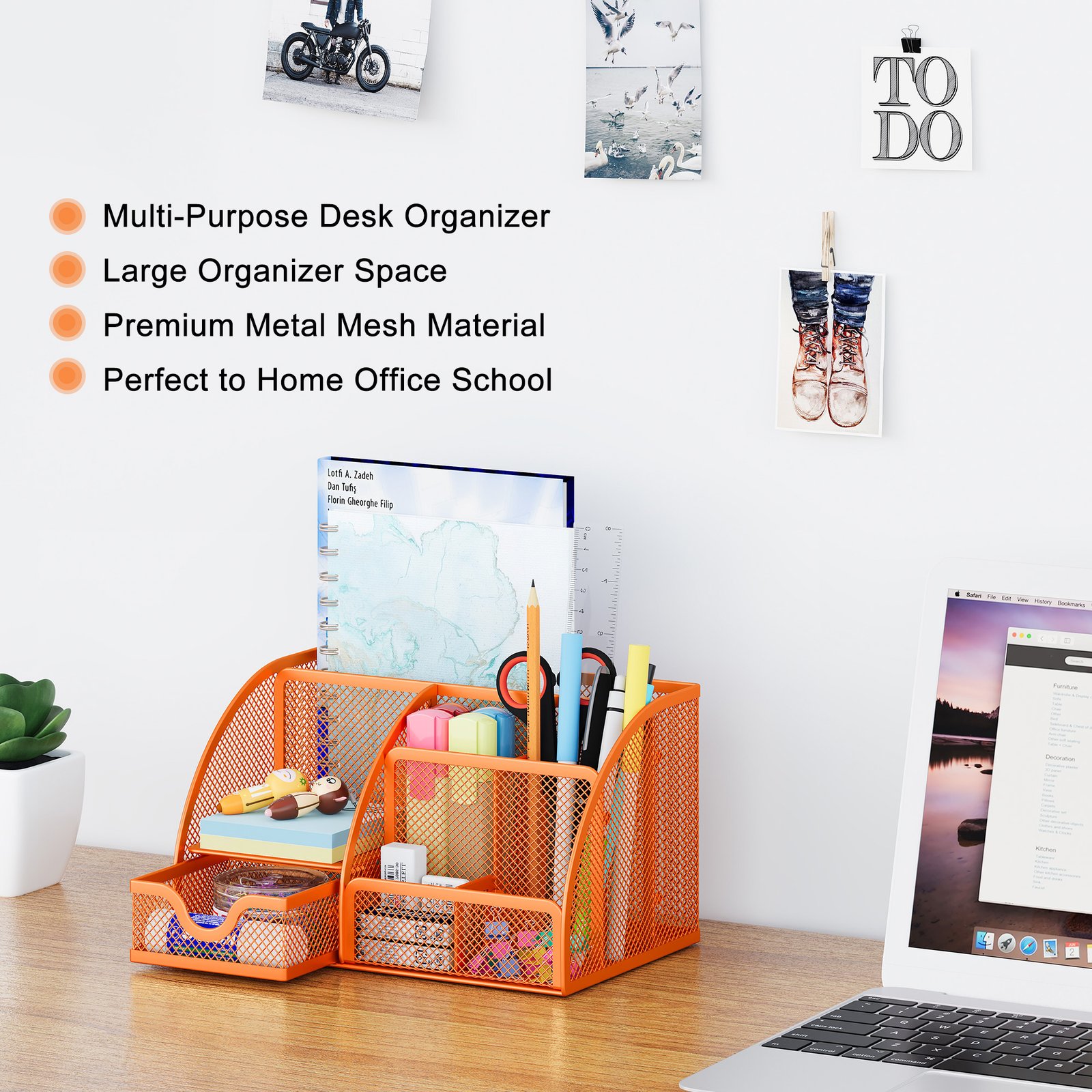 EasyPAG Office Mesh Desk Tidy Versatile Stationery Storage Desktop Organiser Pen Holder with Drawer,Orange - 图片 5