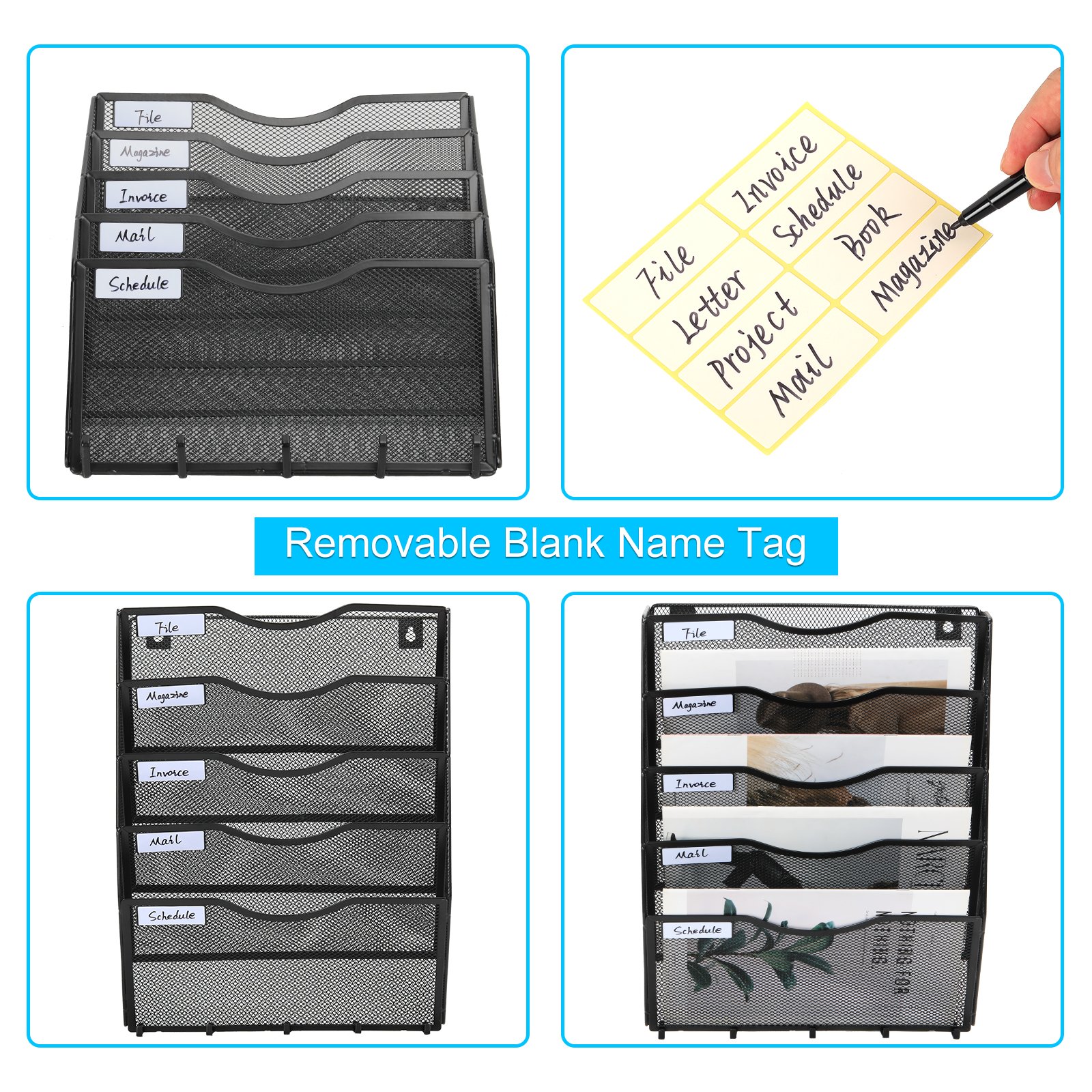 EasyPAG Metal 5 Tier A4 Wall Mounted Document Holder,Hanging Wall File Organiser,Pigeon Holes Storage,Filing Tray,Wall Pocket,Magazine Rack with 5 Hooks for Office & Home,Black - 图片 4