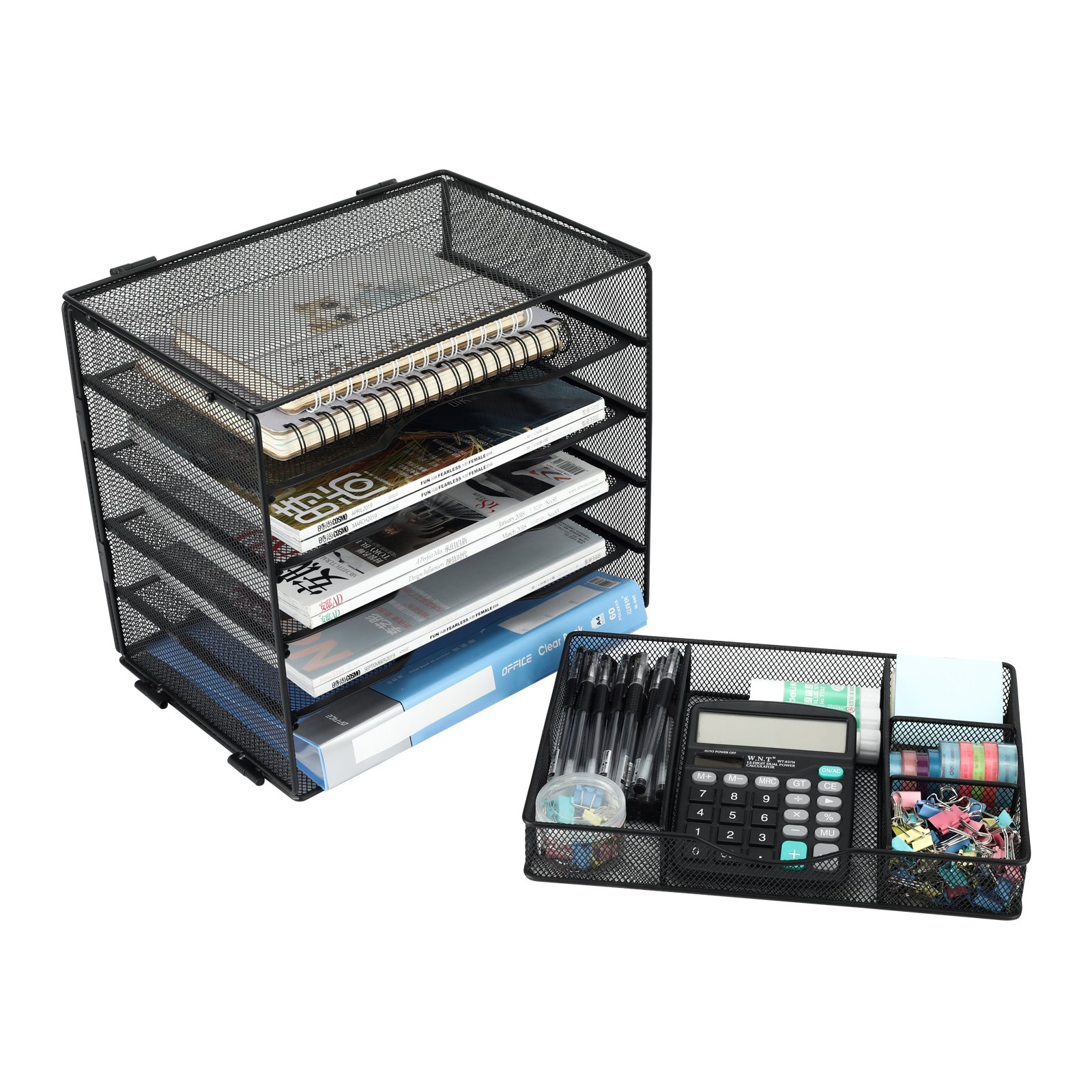EasyPAG 5 Tier Metal Mesh A4 Desk Tray,File Holder,Paper Organiser,Magazine Storage,Filing Rack for Office & Home Desktop Tidy with Drawer,Black - 图片 6