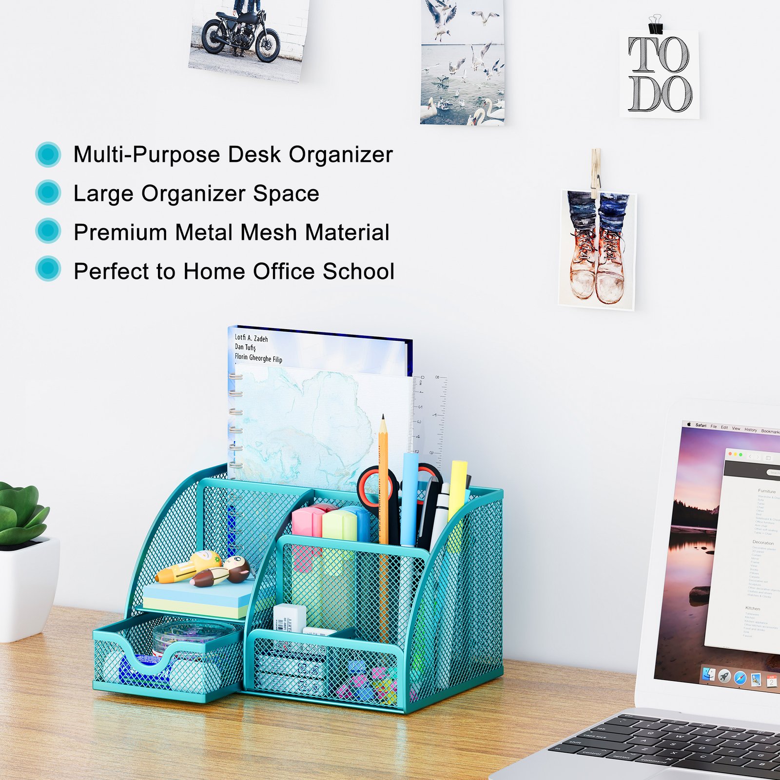 EasyPAG Office Mesh Desk Tidy Versatile Stationery Storage Desktop Organiser Pen Holder with Drawer,Turquoise - 图片 5