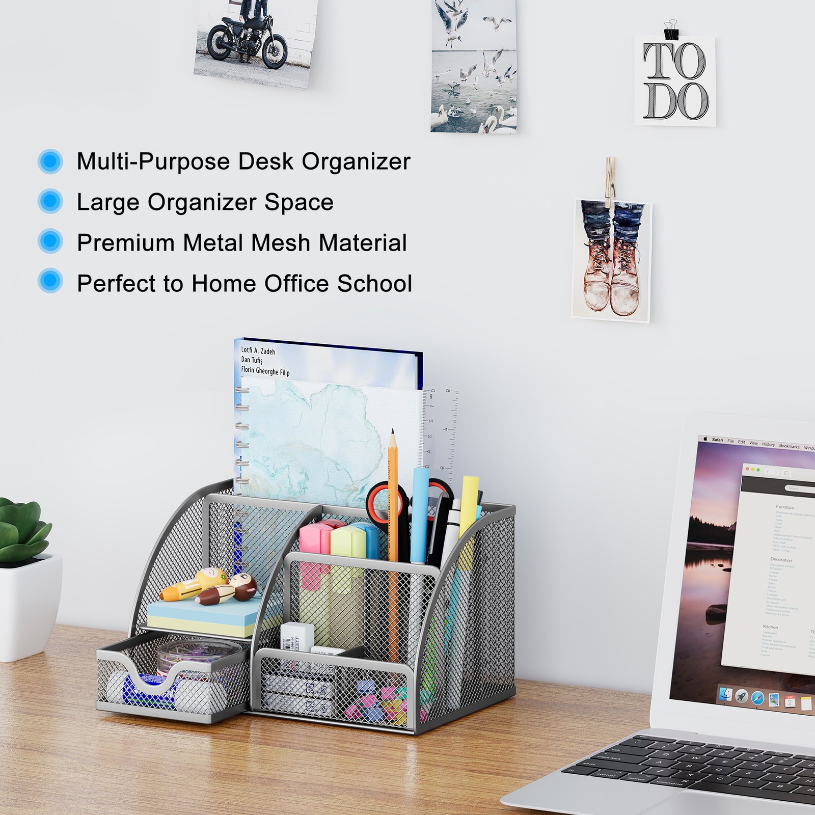 EasyPAG Office Mesh Desk Tidy Versatile Stationery Storage Desktop Organiser Pen Holder with Drawer,Silver - 图片 5