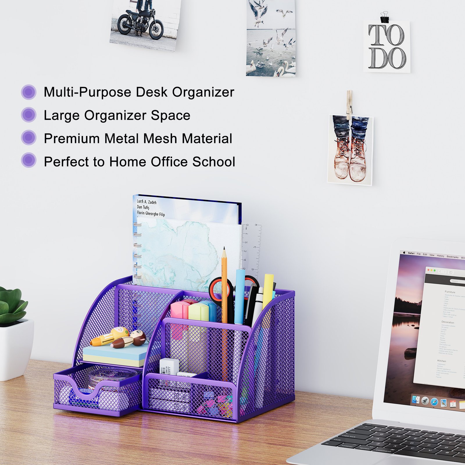EasyPAG Office Mesh Desk Tidy Versatile Stationery Storage Desktop Organiser Pen Holder with Drawer,Purple - 图片 5