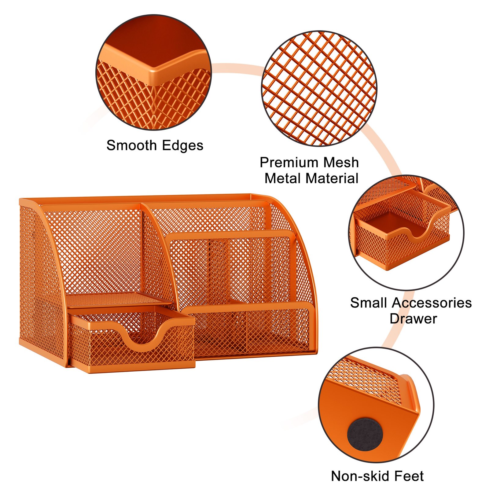 EasyPAG Office Mesh Desk Tidy Versatile Stationery Storage Desktop Organiser Pen Holder with Drawer,Orange - 图片 3