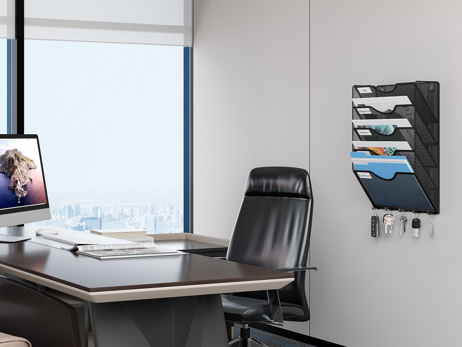 EasyPAG Metal 5 Tier A4 Wall Mounted Document Holder,Hanging Wall File Organiser,Pigeon Holes Storage,Filing Tray,Wall Pocket,Magazine Rack with 5 Hooks for Office & Home,Black - 图片 5