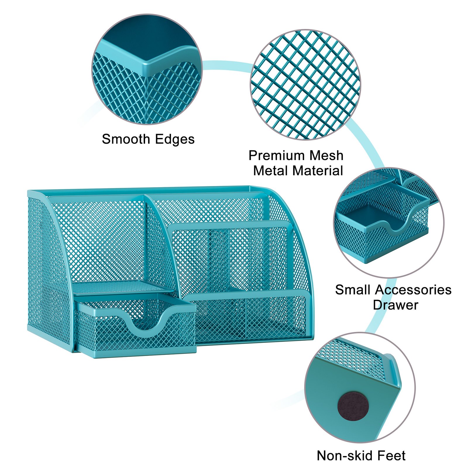 EasyPAG Office Mesh Desk Tidy Versatile Stationery Storage Desktop Organiser Pen Holder with Drawer,Turquoise - 图片 3