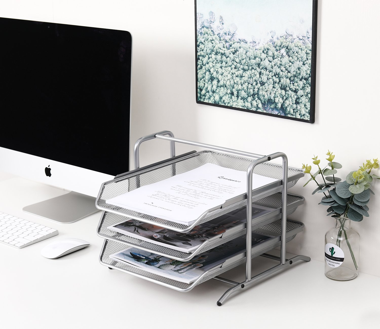 EasyPAG 3 Tier A4 Mesh in Tray Office Desk Tidy File Holder Document Storage Letter Paper Organiser,Silver - 图片 5