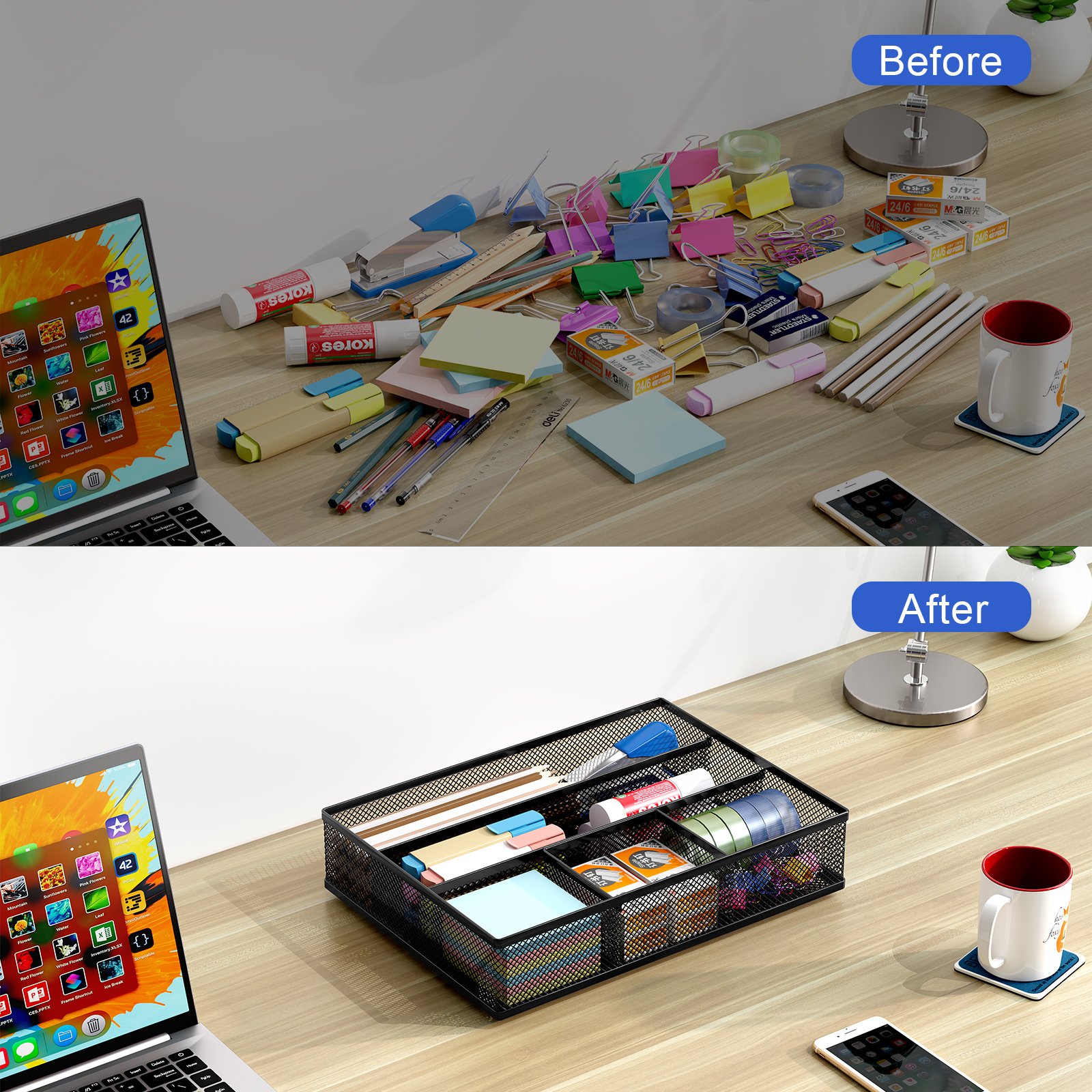 EasyPAG Mesh Drawer Organiser Tray Desk Draw Tidy Office Stationery Storage Pen Holder,Black - 图片 4