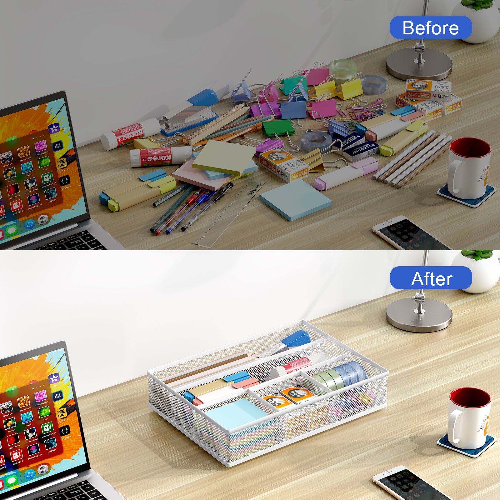 EasyPAG Mesh Drawer Organiser Tray Desk Draw Tidy Office Stationery Storage Pen Holder,White - 图片 4