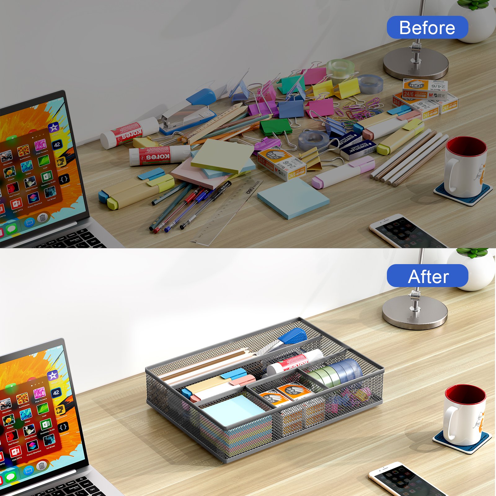 EasyPAG Mesh Drawer Organiser Tray Desk Draw Tidy Office Stationery Storage Pen Holder,Silver - 图片 4