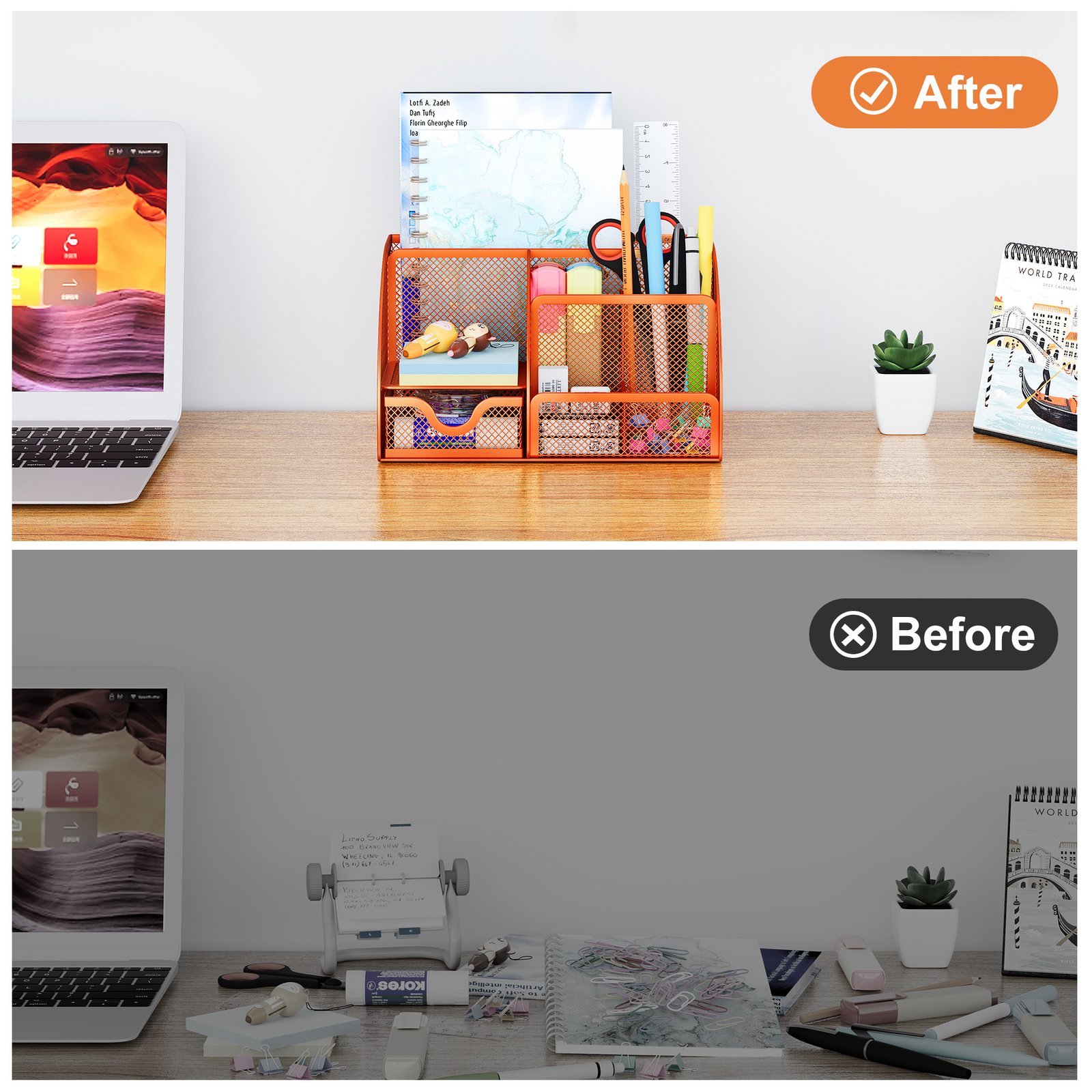 EasyPAG Office Mesh Desk Tidy Versatile Stationery Storage Desktop Organiser Pen Holder with Drawer,Orange - 图片 4