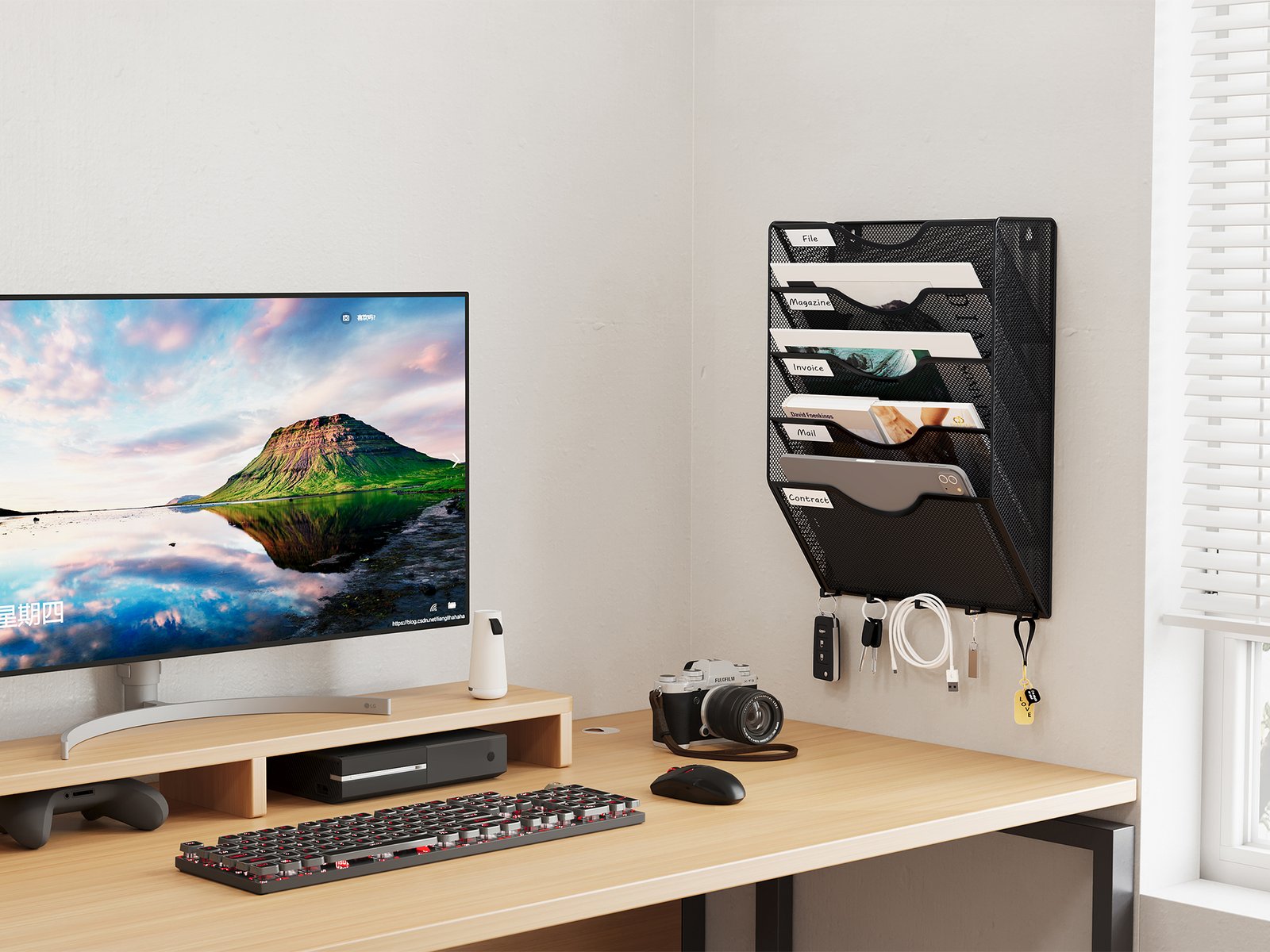 EasyPAG Metal 5 Tier A4 Wall Mounted Document Holder,Hanging Wall File Organiser,Pigeon Holes Storage,Filing Tray,Wall Pocket,Magazine Rack with 5 Hooks for Office & Home,Black - 图片 6
