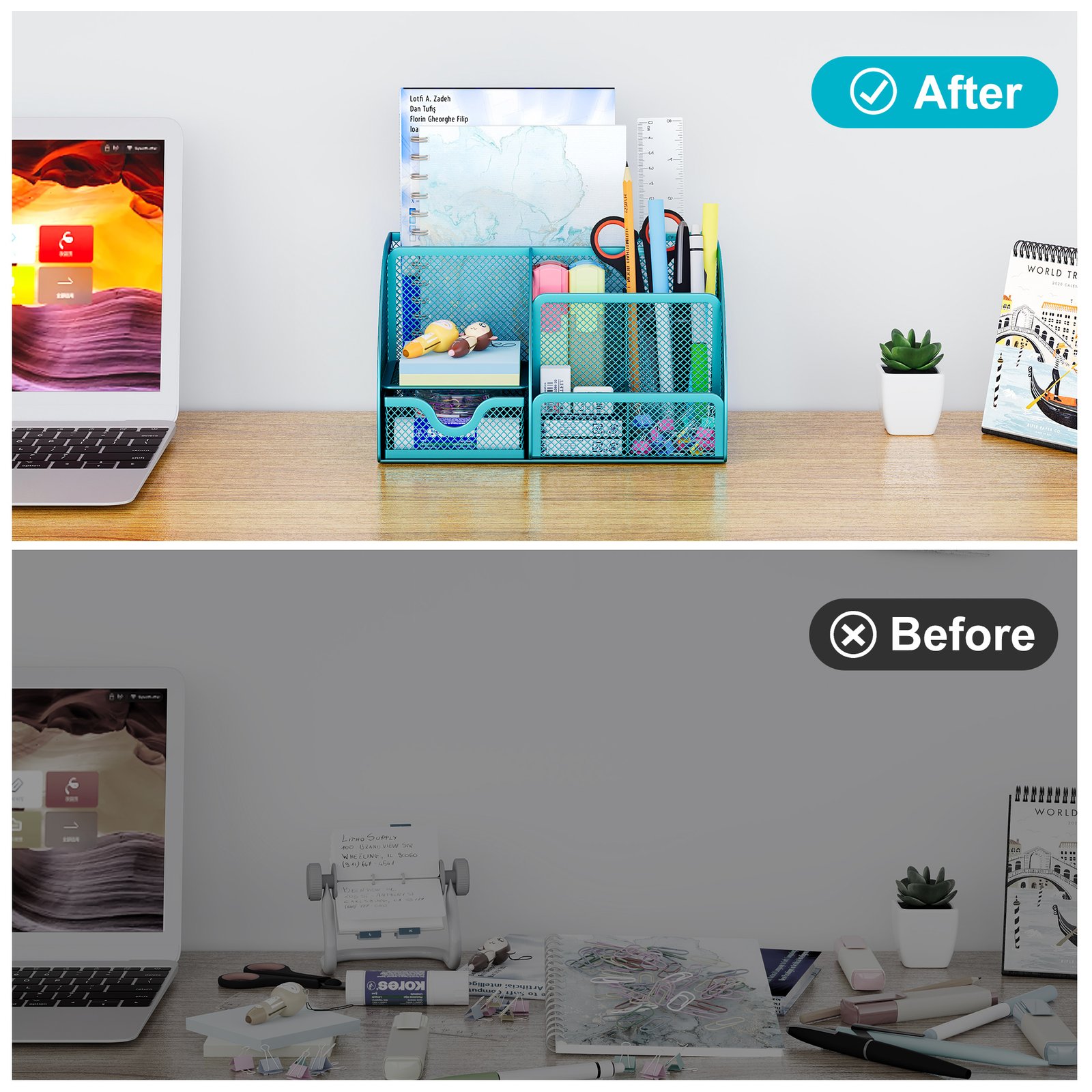 EasyPAG Office Mesh Desk Tidy Versatile Stationery Storage Desktop Organiser Pen Holder with Drawer,Turquoise - 图片 4