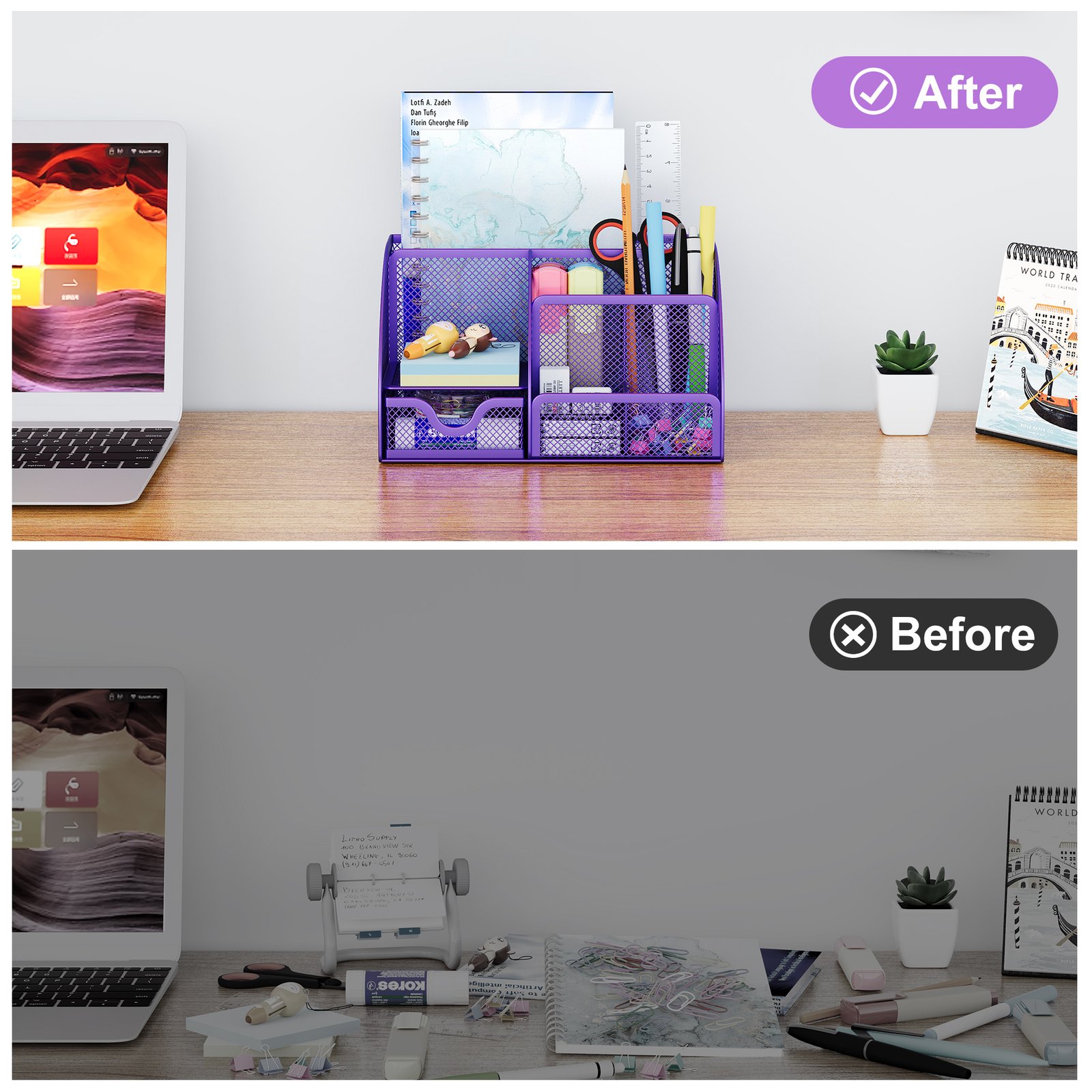 EasyPAG Office Mesh Desk Tidy Versatile Stationery Storage Desktop Organiser Pen Holder with Drawer,Purple - 图片 4