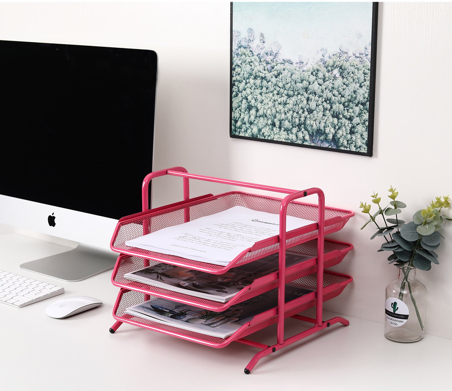 EasyPAG 3 Tier A4 Mesh in Tray Office Desk Tidy File Holder Document Storage Letter Paper Organiser,Pink - 图片 5