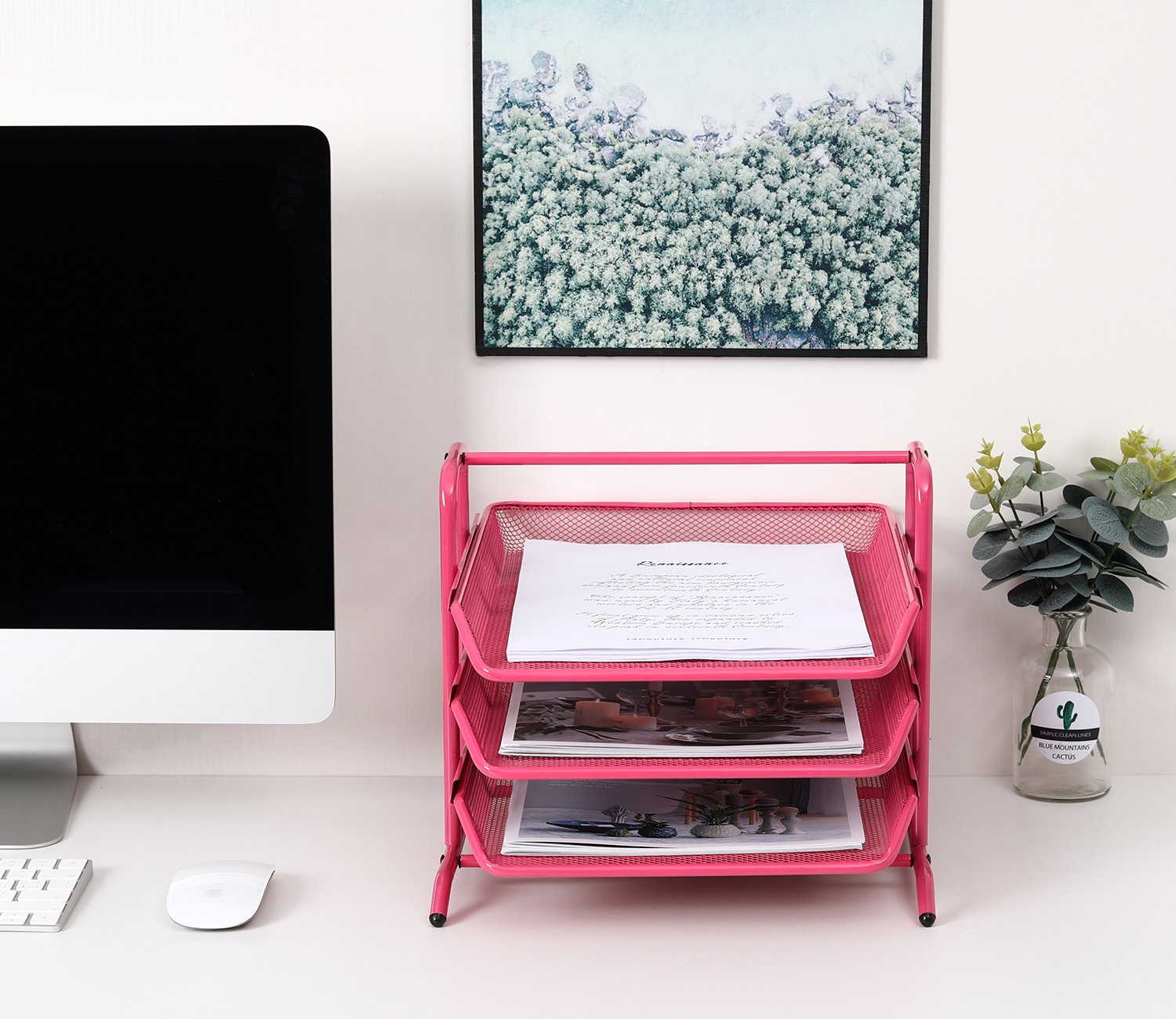 EasyPAG 3 Tier A4 Mesh in Tray Office Desk Tidy File Holder Document Storage Letter Paper Organiser,Pink - 图片 6