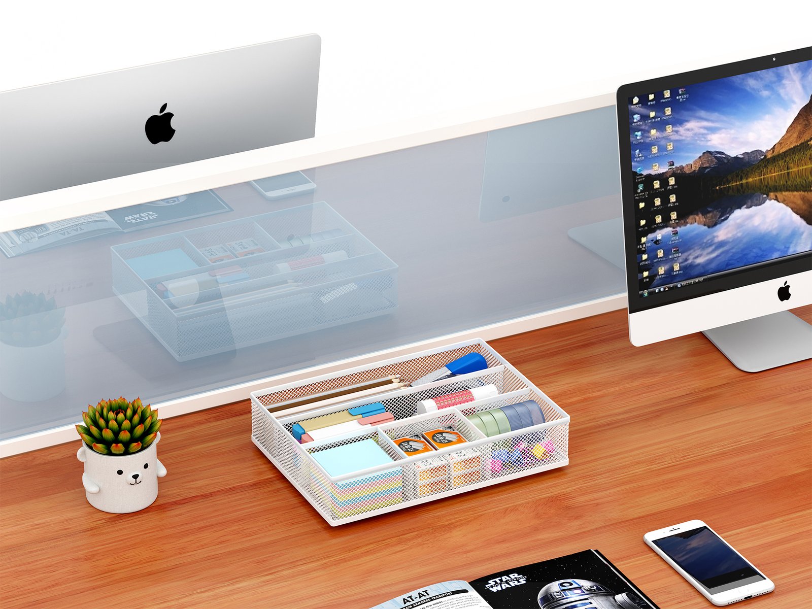 EasyPAG Mesh Drawer Organiser Tray Desk Draw Tidy Office Stationery Storage Pen Holder,White - 图片 5