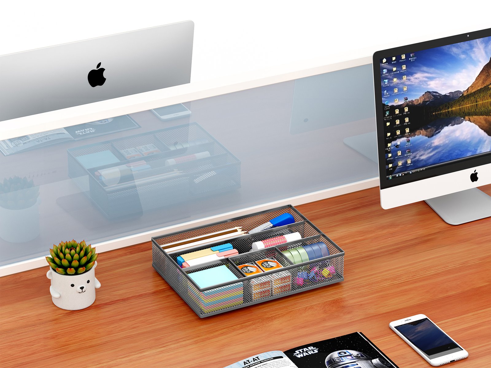 EasyPAG Mesh Drawer Organiser Tray Desk Draw Tidy Office Stationery Storage Pen Holder,Silver - 图片 5