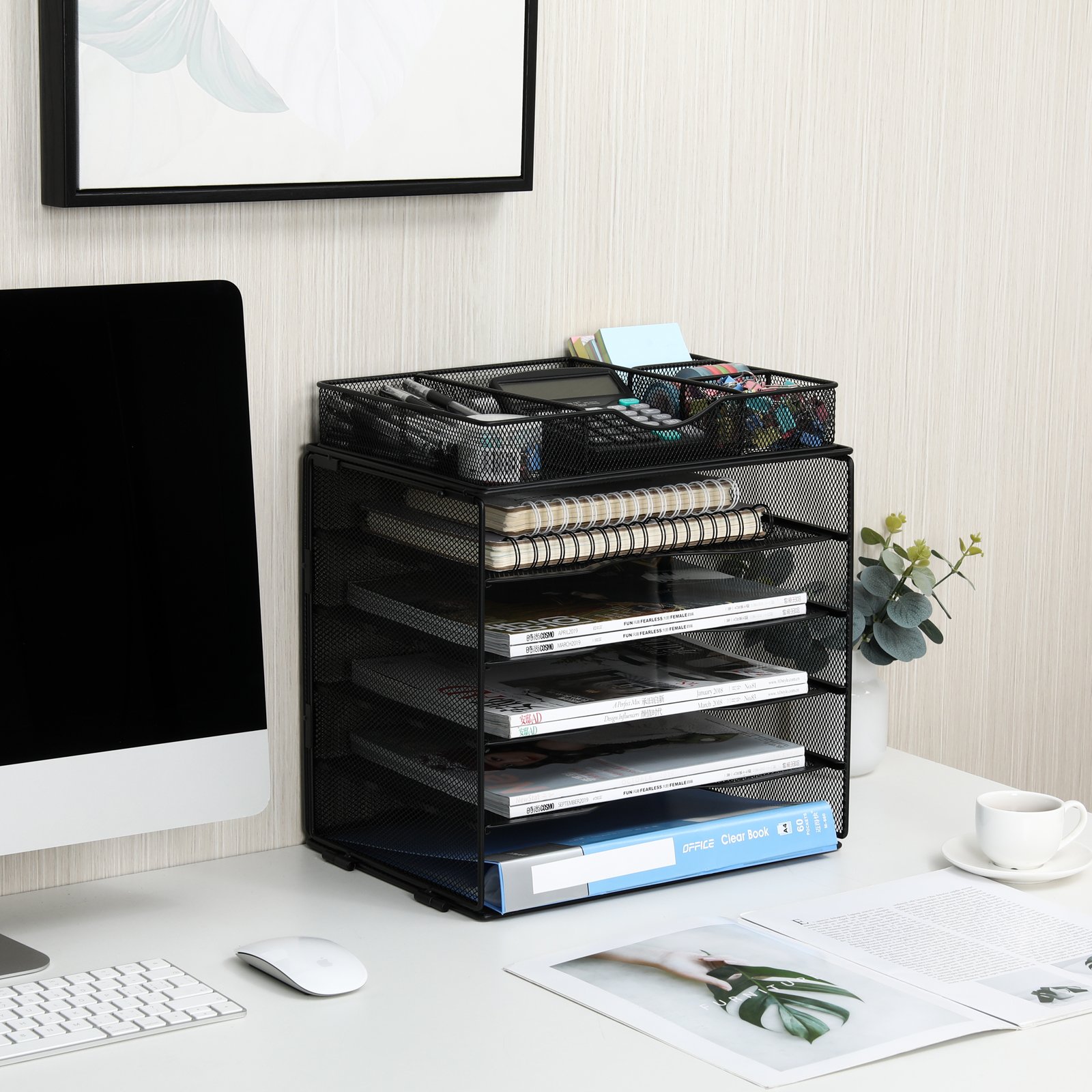 EasyPAG 5 Tier Metal Mesh A4 Desk Tray,File Holder,Paper Organiser,Magazine Storage,Filing Rack for Office & Home Desktop Tidy with Drawer,Black - 图片 2