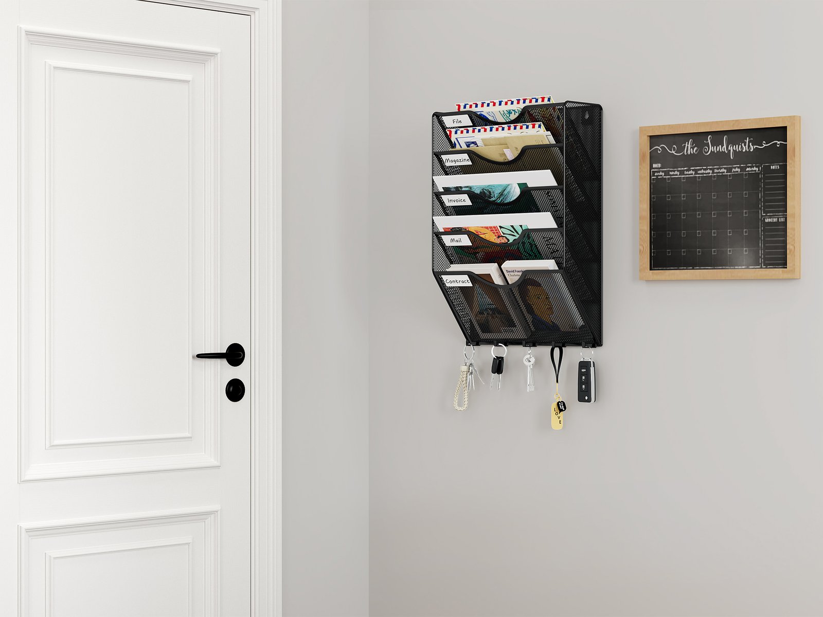 EasyPAG Metal 5 Tier A4 Wall Mounted Document Holder,Hanging Wall File Organiser,Pigeon Holes Storage,Filing Tray,Wall Pocket,Magazine Rack with 5 Hooks for Office & Home,Black - 图片 7