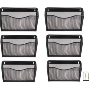 EasyPAG 6 Pocket Landscape A4 Mesh Hanging Wall File Holder Mail Organiser Magazine Storage,Pack of 6,Black