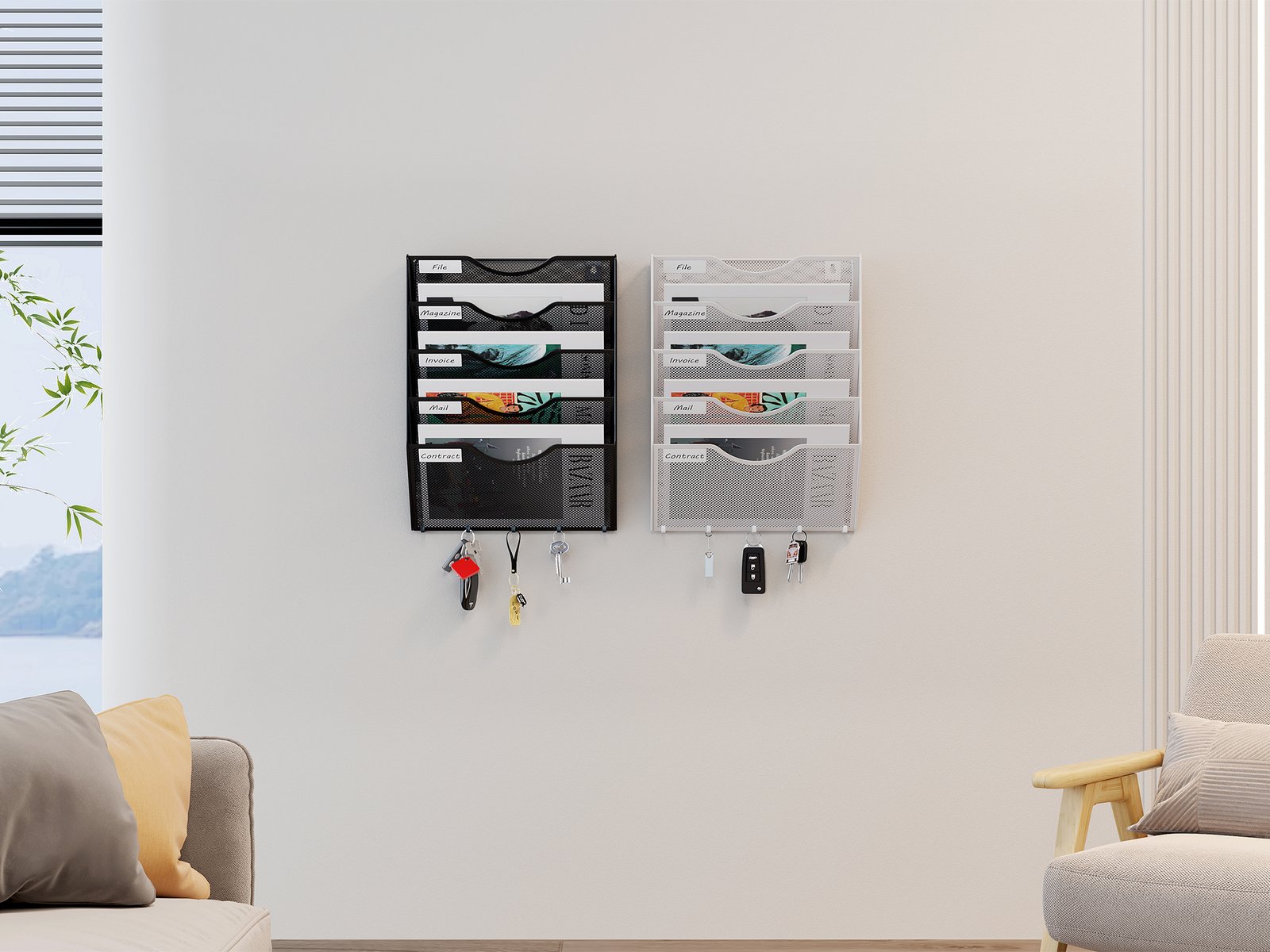 EasyPAG Metal 5 Tier A4 Wall Mounted Document Holder,Hanging Wall File Organiser,Pigeon Holes Storage,Filing Tray,Wall Pocket,Magazine Rack with 5 Hooks for Office & Home,Black - 图片 8
