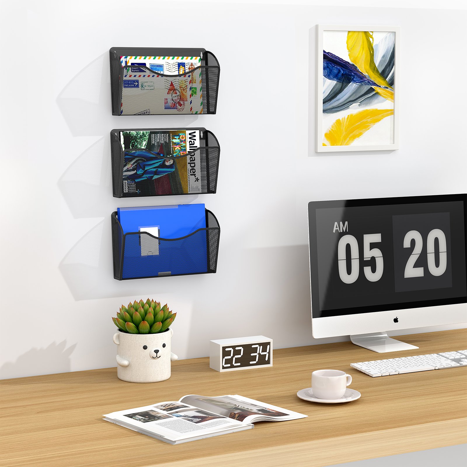 EasyPAG Metal 3 Tier A4 Wall Mounted Document Holder,Hanging Wall File Organiser,Pigeon Holes Storage,Wall Pocket,Filing Tray,Magazine Rack for Office & Home,Black - 图片 5