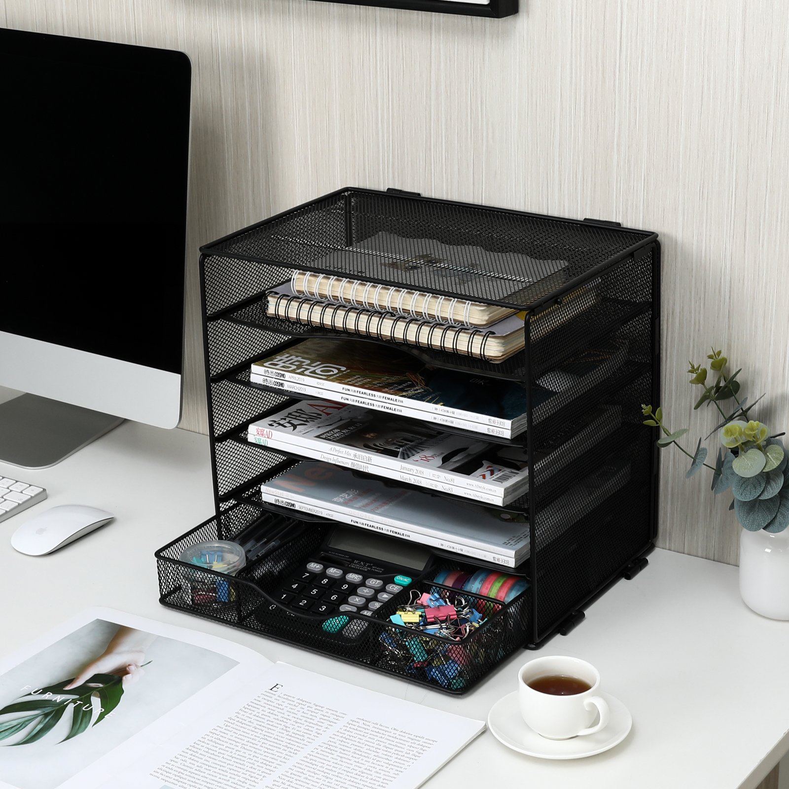 EasyPAG 5 Tier Metal Mesh A4 Desk Tray,File Holder,Paper Organiser,Magazine Storage,Filing Rack for Office & Home Desktop Tidy with Drawer,Black - 图片 3