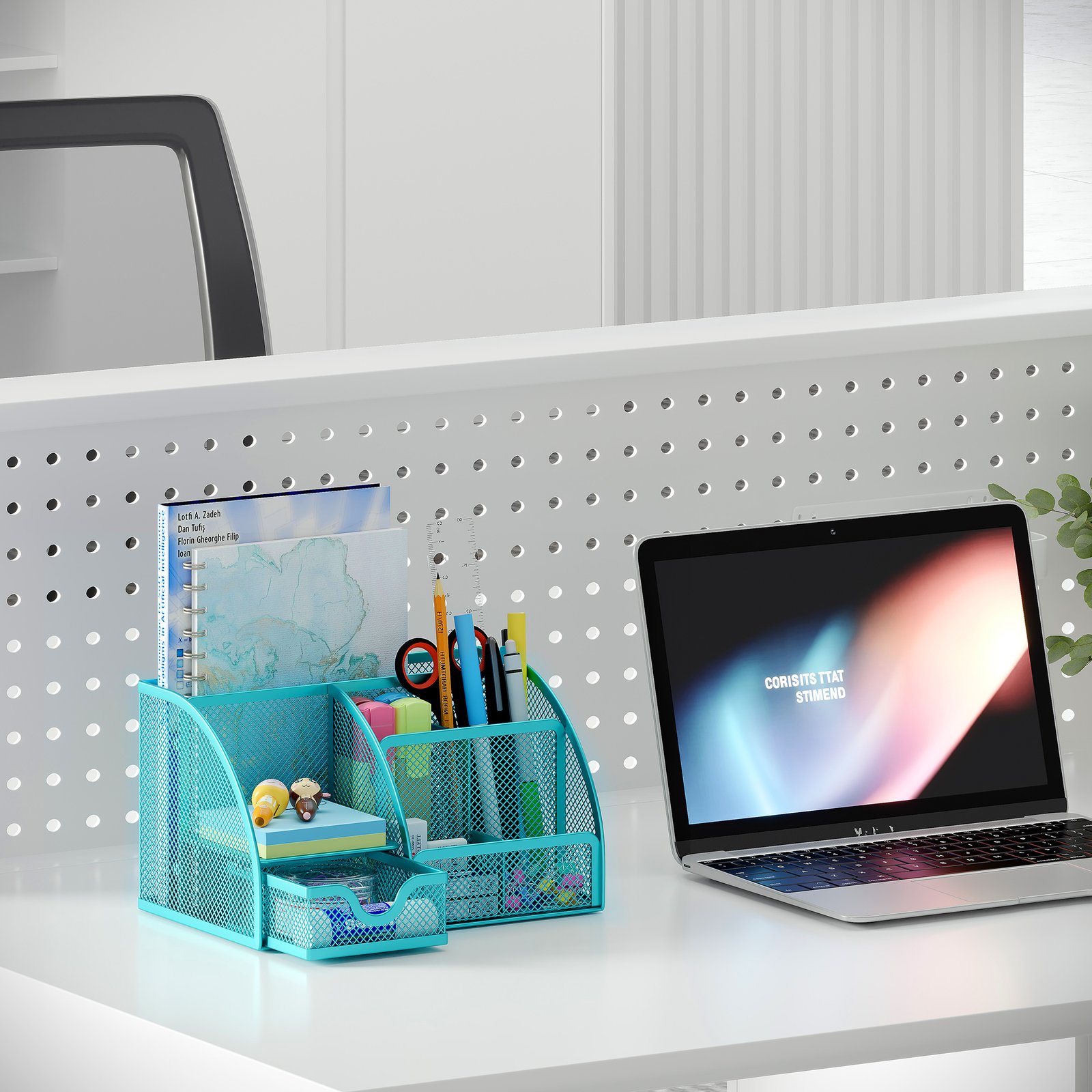 EasyPAG Office Mesh Desk Tidy Versatile Stationery Storage Desktop Organiser Pen Holder with Drawer,Turquoise - 图片 6