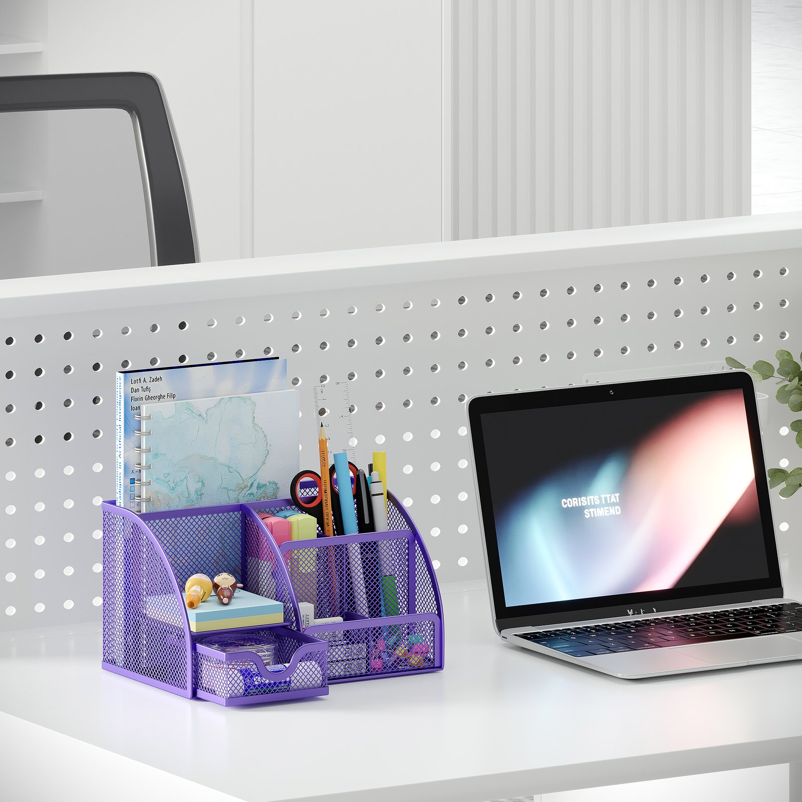 EasyPAG Office Mesh Desk Tidy Versatile Stationery Storage Desktop Organiser Pen Holder with Drawer,Purple - 图片 6