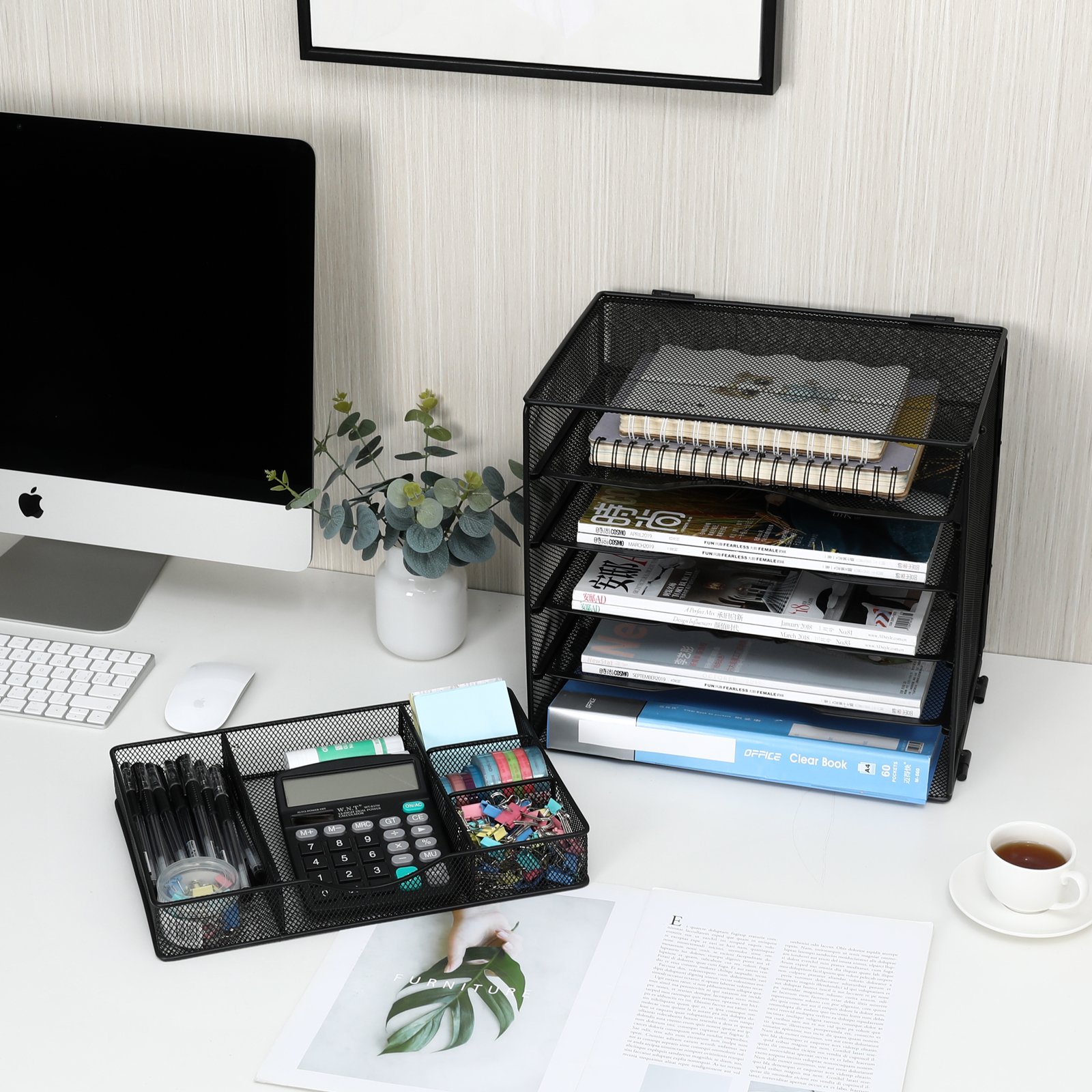 EasyPAG 5 Tier Metal Mesh A4 Desk Tray,File Holder,Paper Organiser,Magazine Storage,Filing Rack for Office & Home Desktop Tidy with Drawer,Black - 图片 4